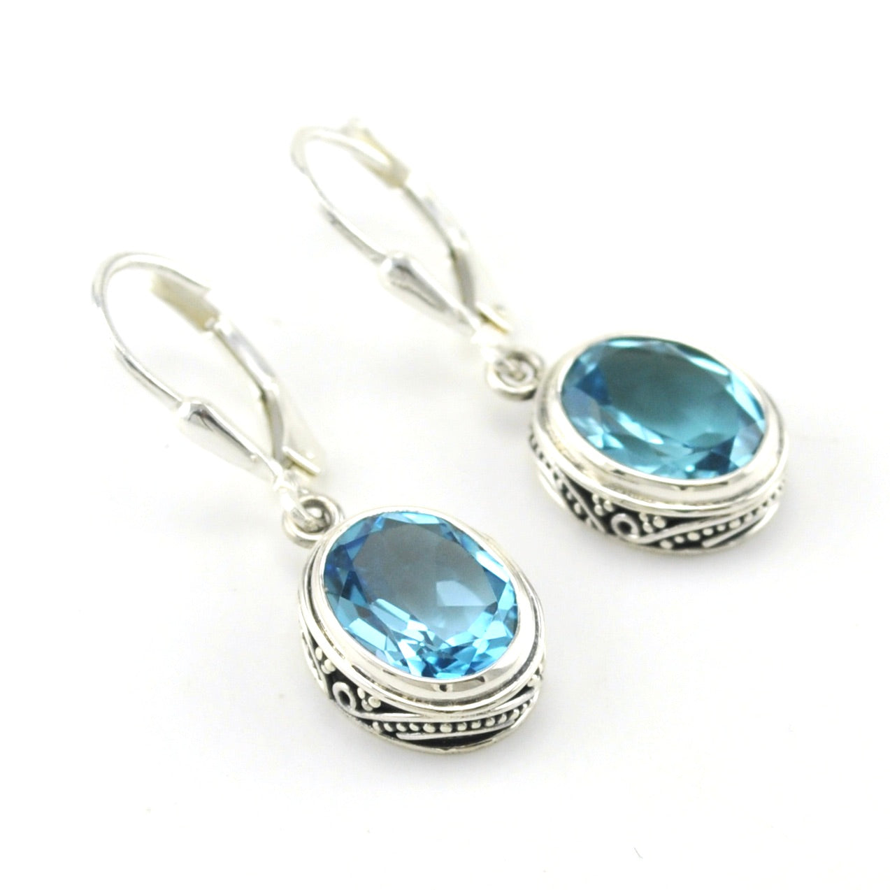 Sterling Silver Blue Topaz 8x10mm Oval Bali Dangle Earrings