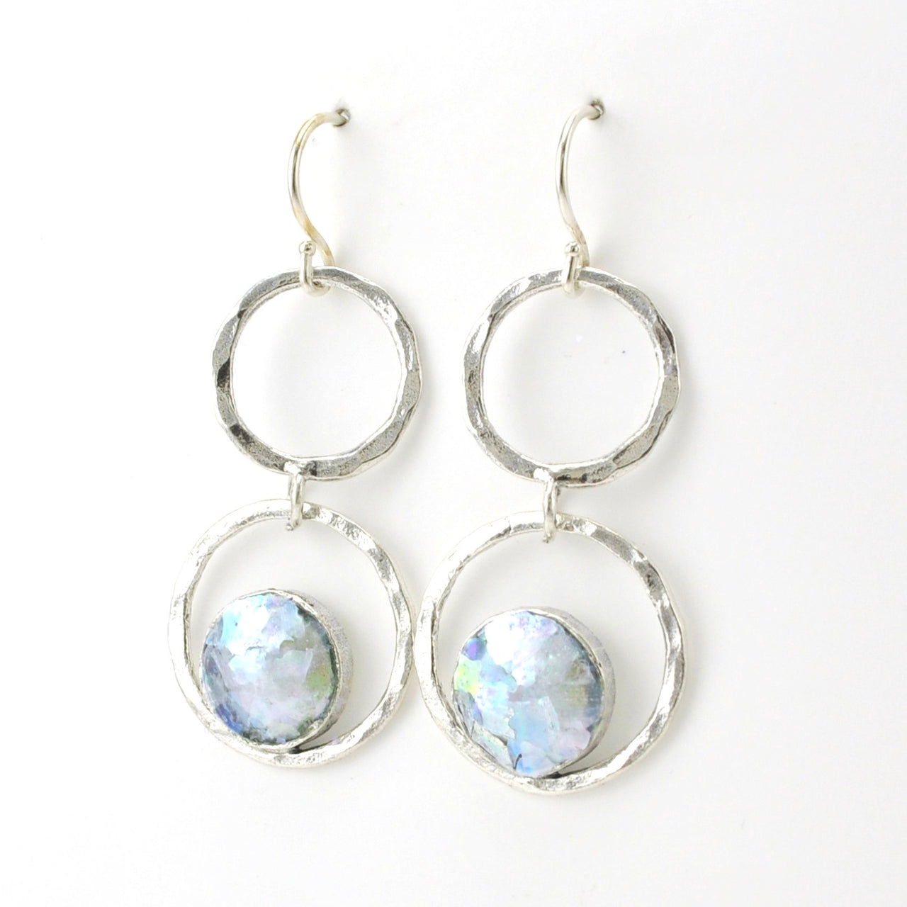Side View Sterling Silver Roman Glass Double Circle Earrings