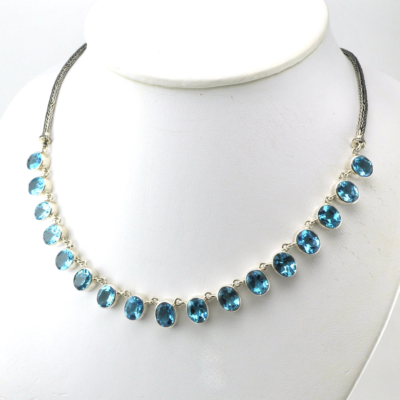 Side View Sterling Silver Blue Topaz 17 Oval Necklace