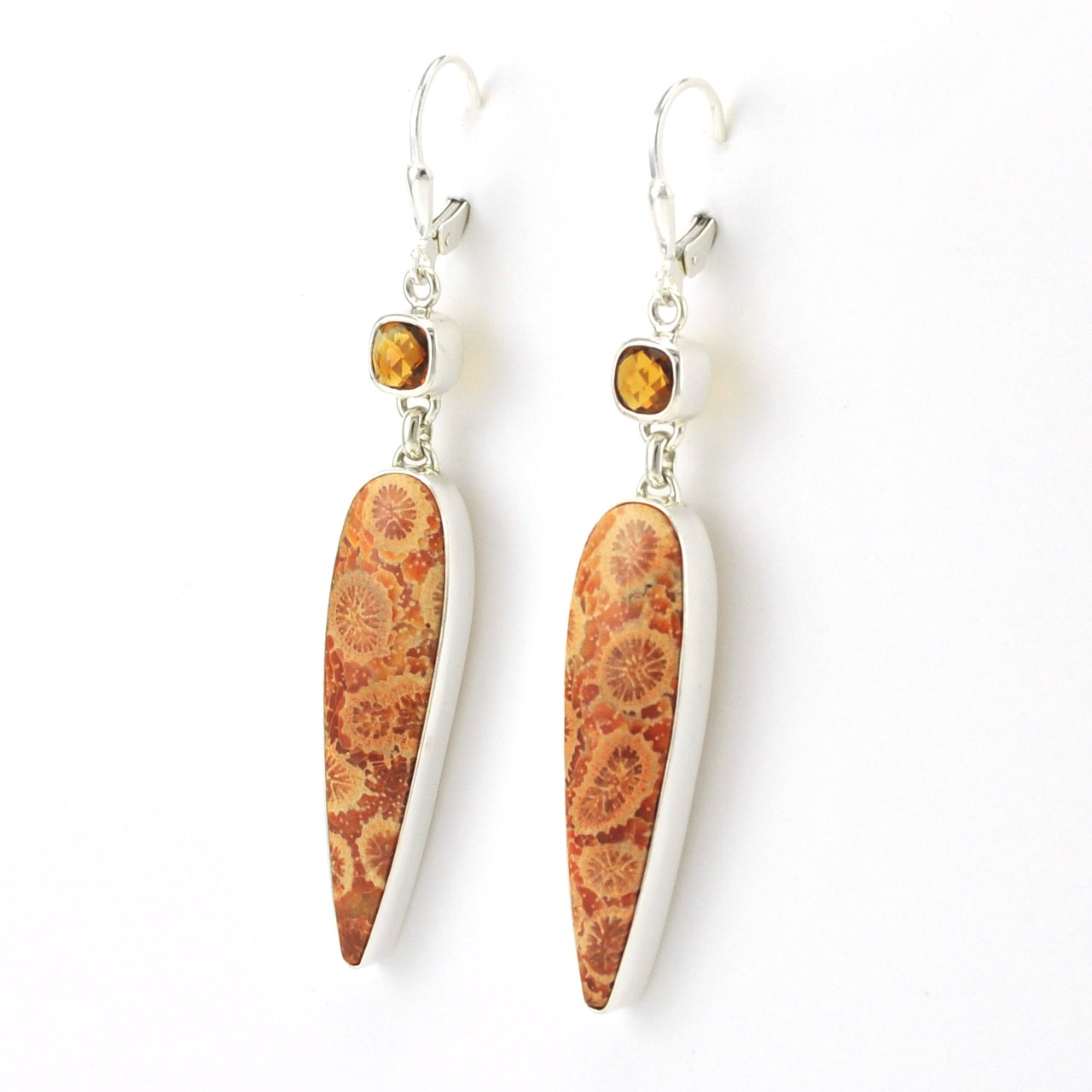Side View Sterling Silver Fossil Coral with Square Citrine Dangle Earrings