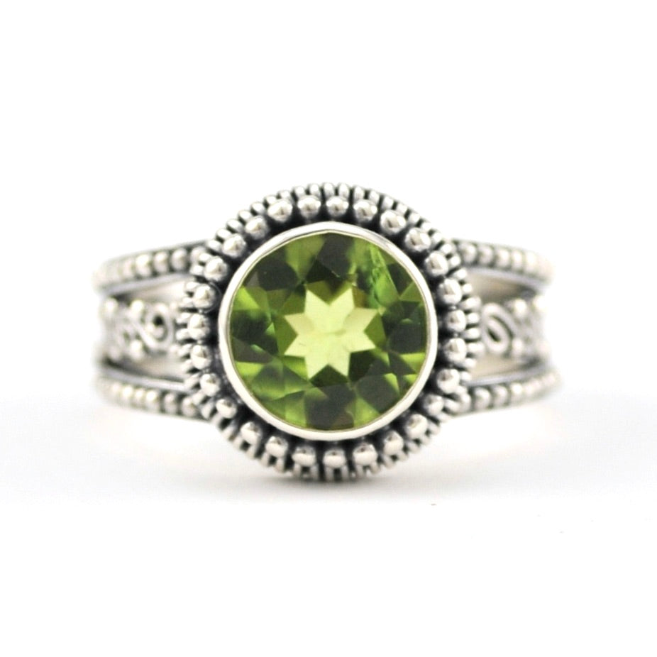 Front View Silver Peridot 8mm Round 3 Band Scroll Ring