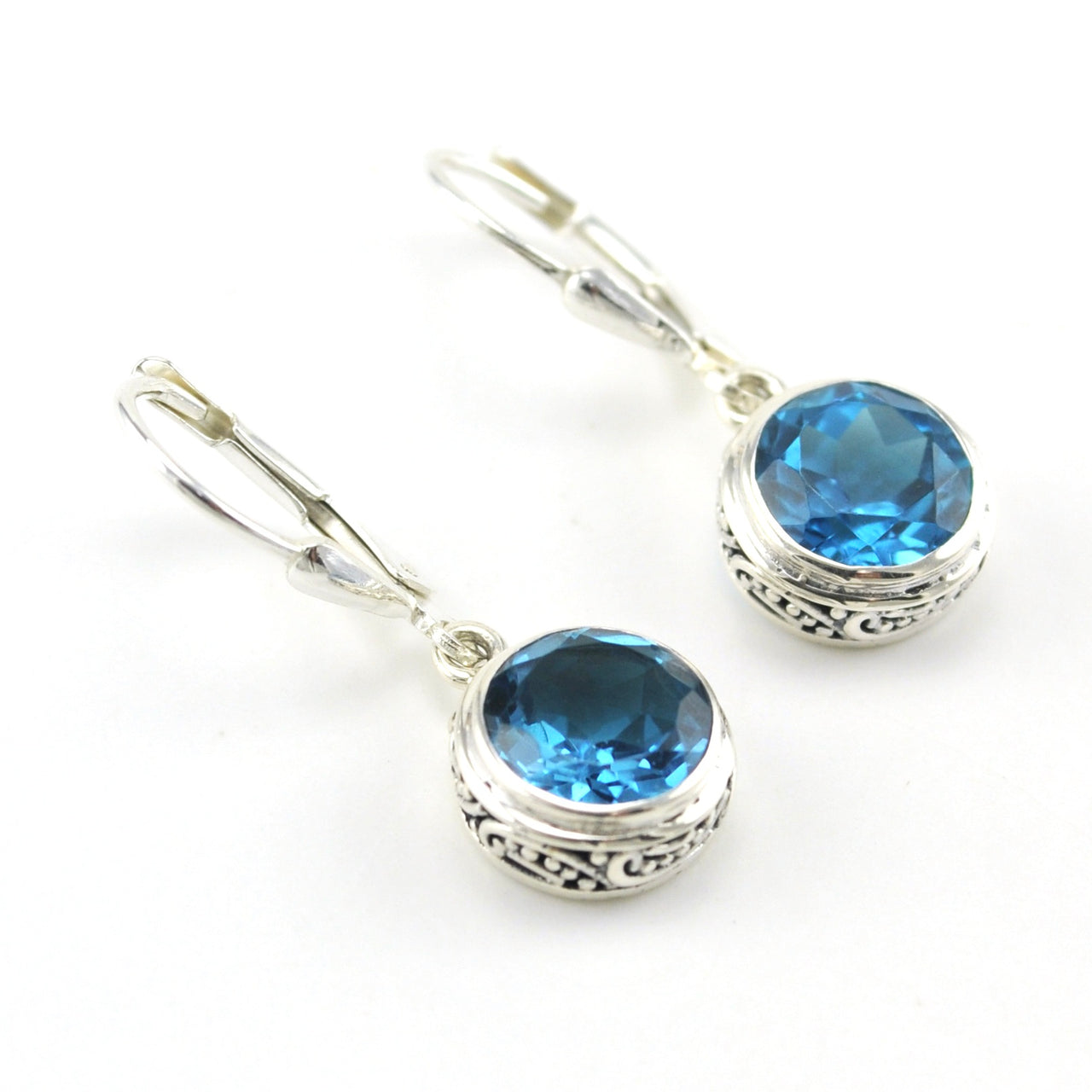 Sterling Silver Blue Topaz 8mm Round Bali Dangle Earrings