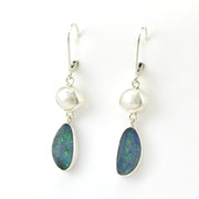 Side View Sterling Silver Keshi Pearl Australian Opal Earrings