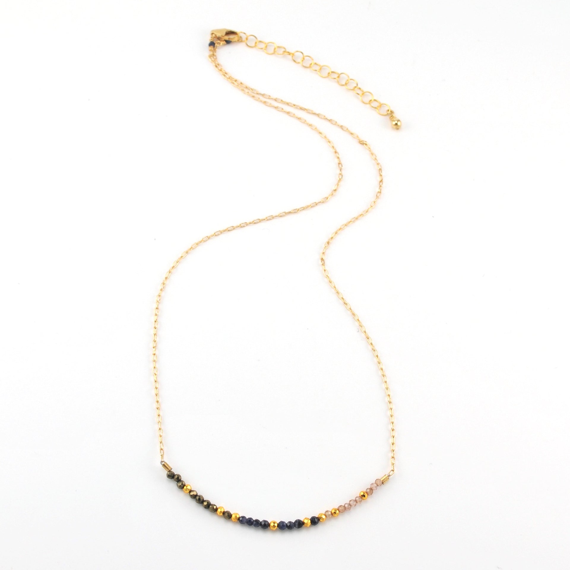 14k Gold Fill Micro-faceted Sapphire, Zircon and Pyrite Bar Necklace