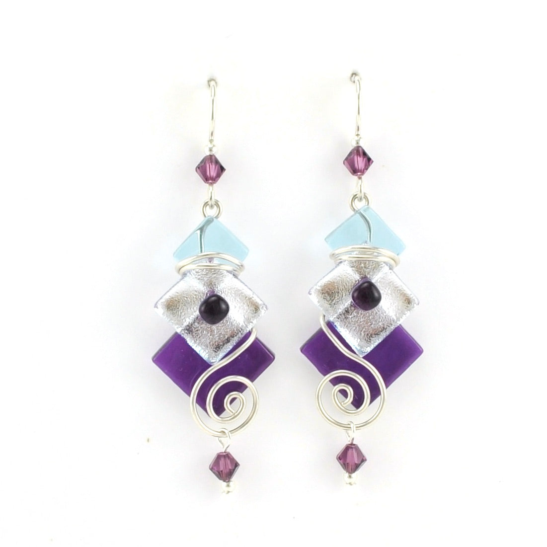 Alt View Stricker Purple Fused Glass 3 Square Dangle Earrings