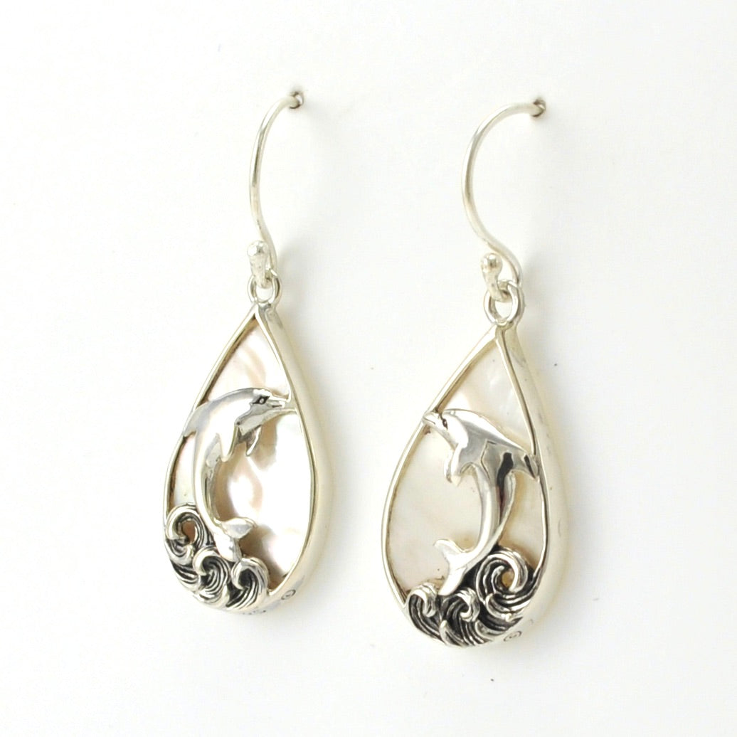 Side View Sterling Silver Mother of Pearl Dolphin Tear Earrings
