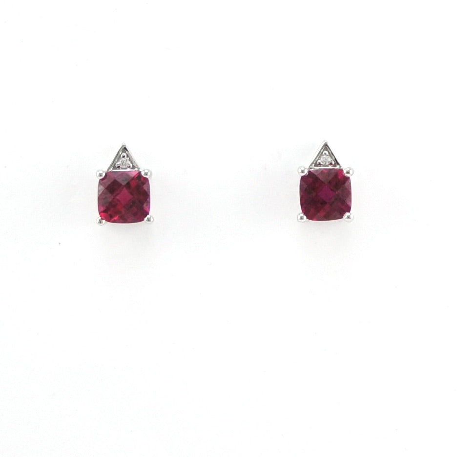 Front View Silver Created Ruby 1.5ct Square with Cubic Zirconia Earrings