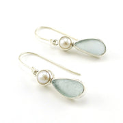 Sterling Silver Pearl Aqua Sea Glass Tear Earrings