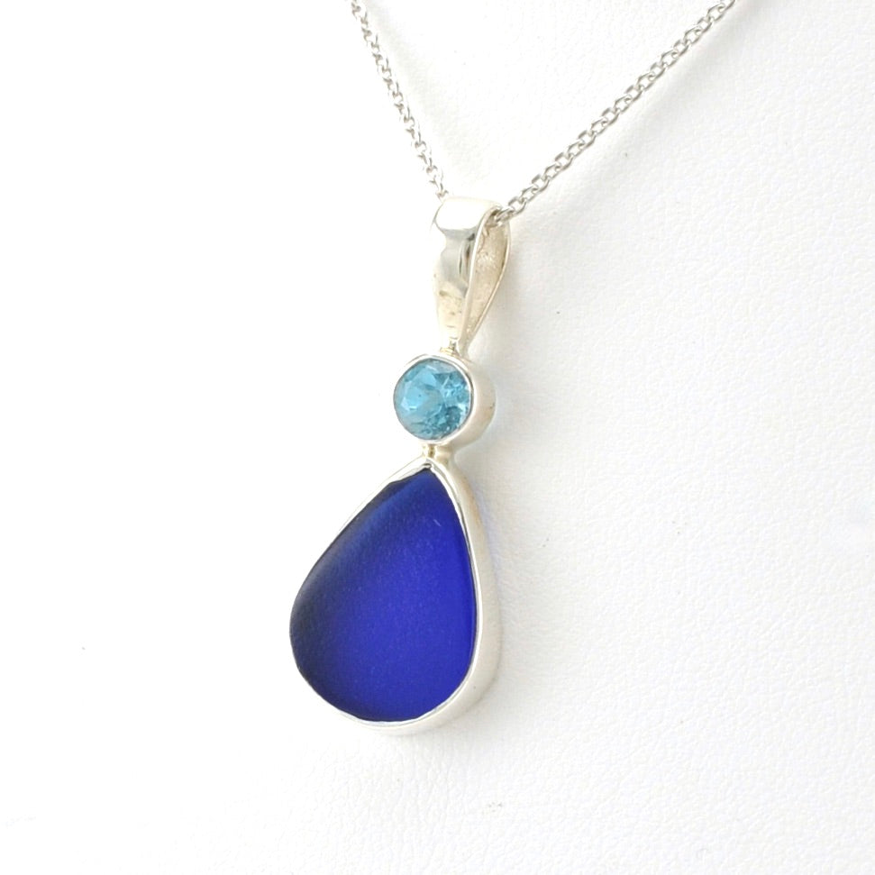 Side View Sterling Silver Blue Topaz Cobalt Sea Glass Necklace