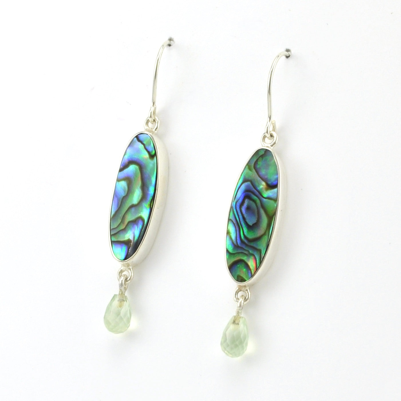 Side View Sterling Silver Abalone Shell Prehnite Earrings