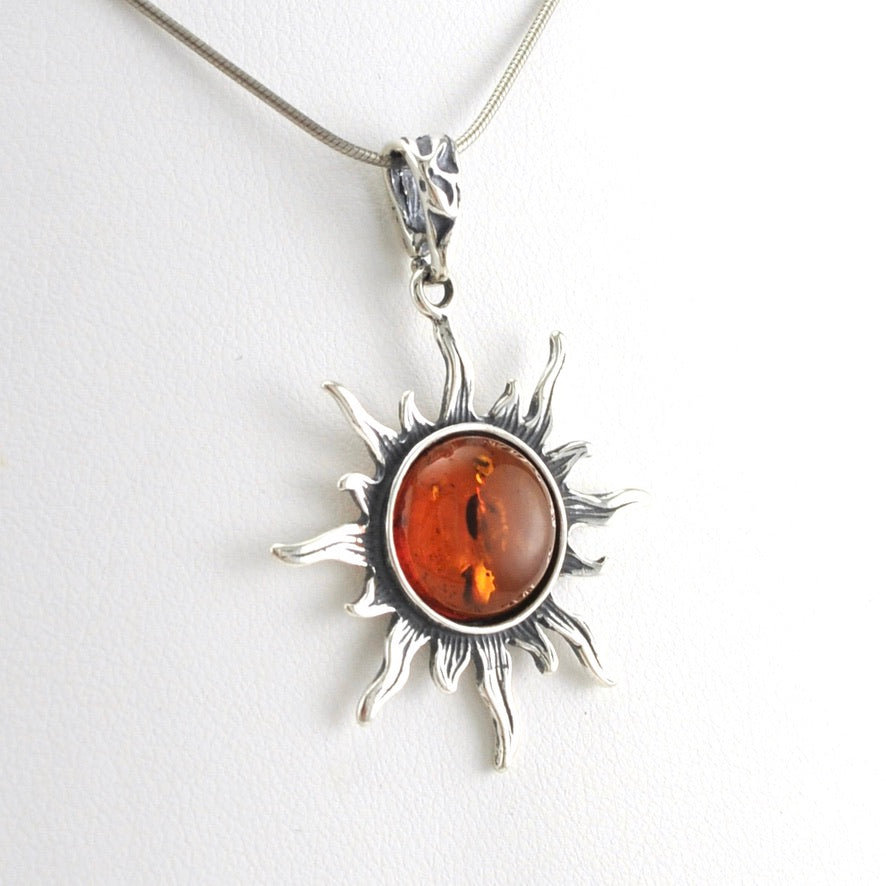 Side View Sterling Silver Amber Sun Pendant