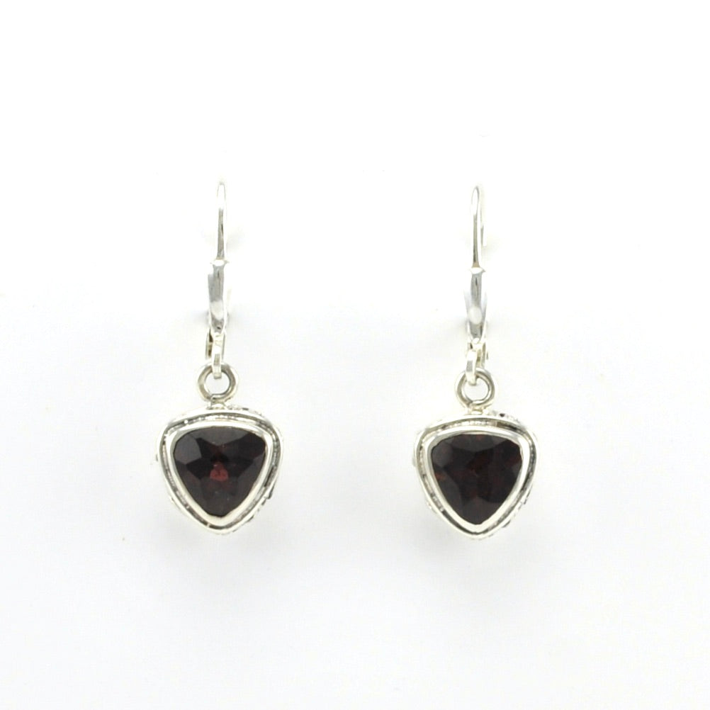 Alt View Sterling Silver Garnet 7mm Trillion Bali Dangle Earrings