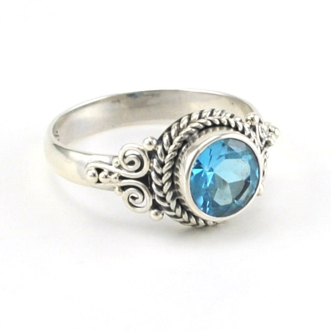 Side View Sterling Silver Blue Topaz 7mm Round Bali Ring 