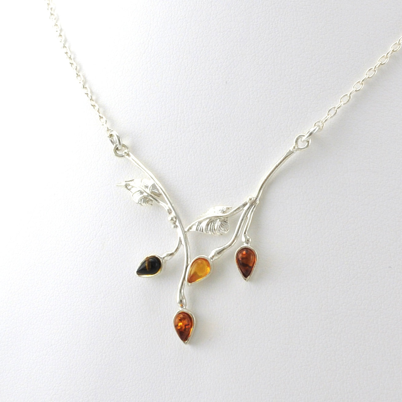 Side View Sterling Silver Multicolored Amber Leaf Necklace