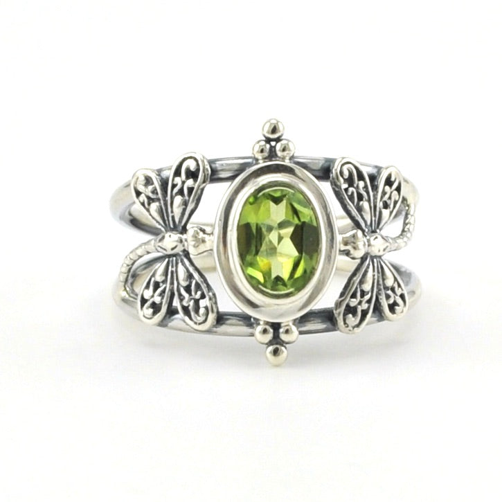 Sterling Silver Peridot 5x7mm Dragonfly Ring
