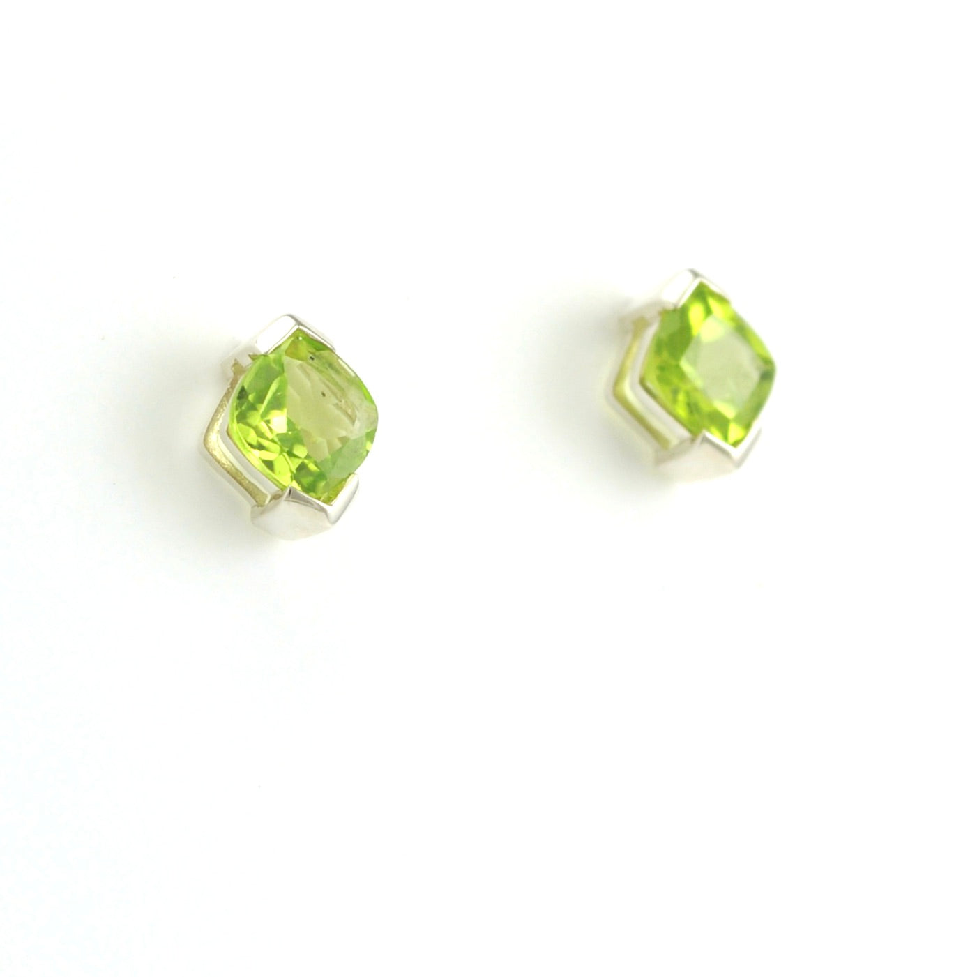 Side View Sterling Silver Peridot Square Prong Set Earrings
