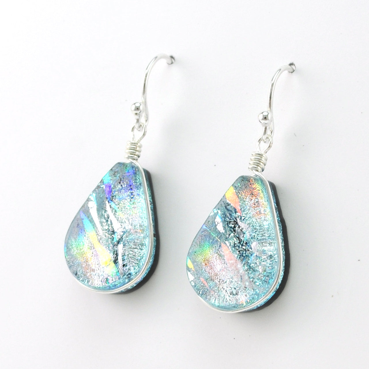 Side View Dichroic Glass Silver Lotus Dangle Earrings