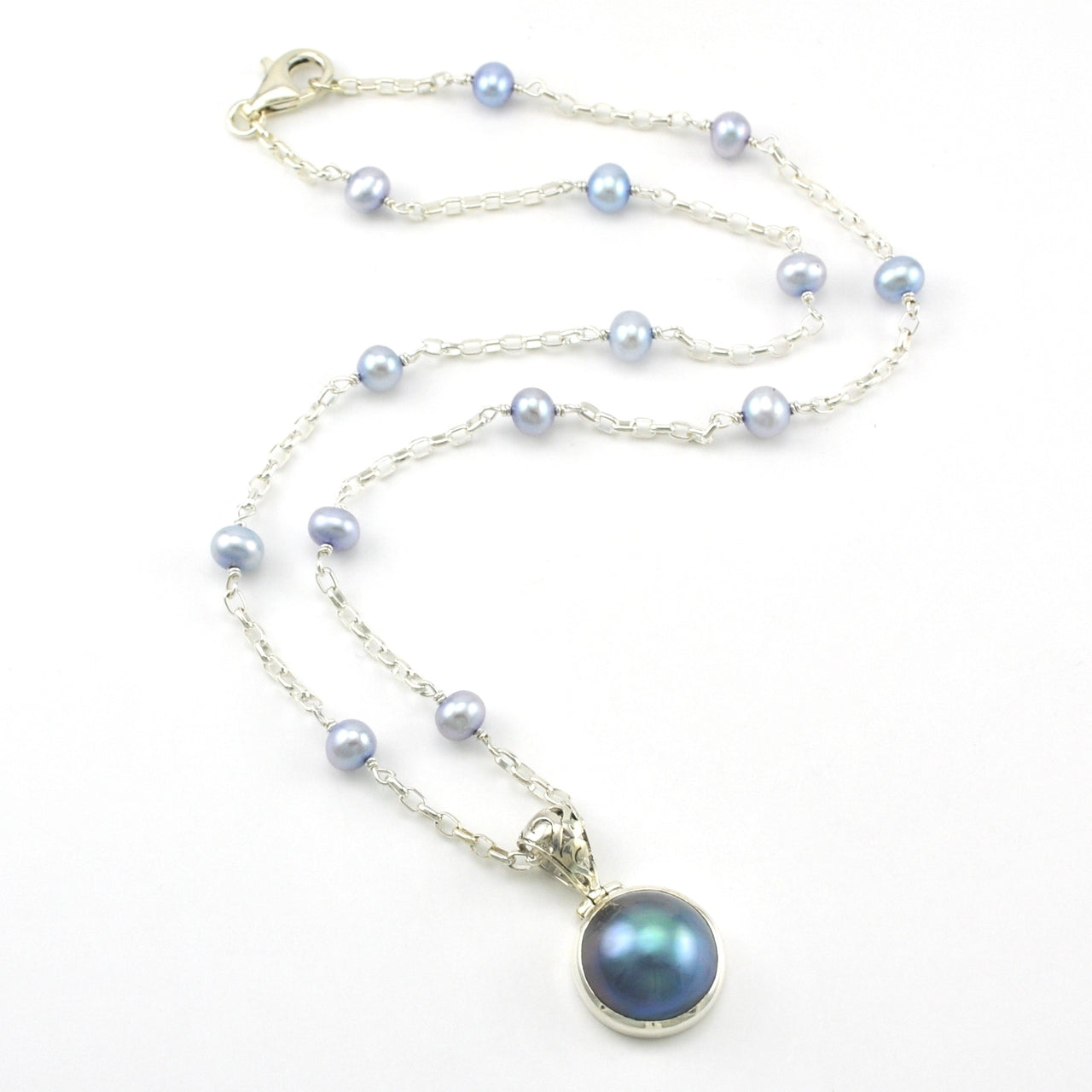 Sterling Silver Grey Mabé Pearl on Pearl Necklace