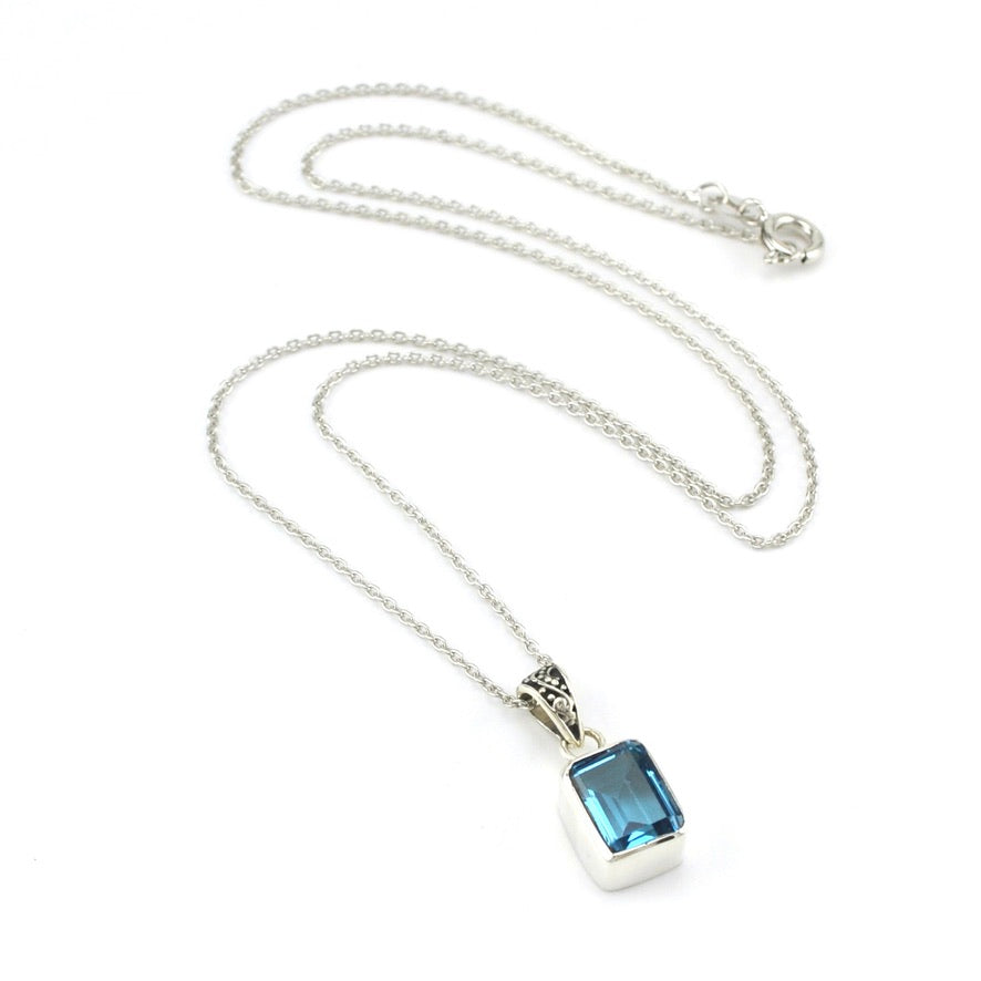 Sterling Silver Blue Topaz 7x9mm Rectangle Bali Necklace