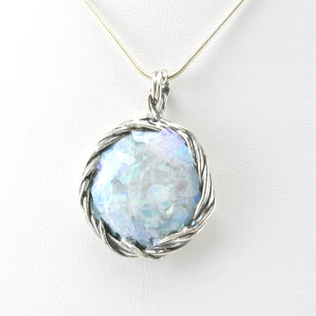 Side View Sterling Silver Roman Glass Round Necklace