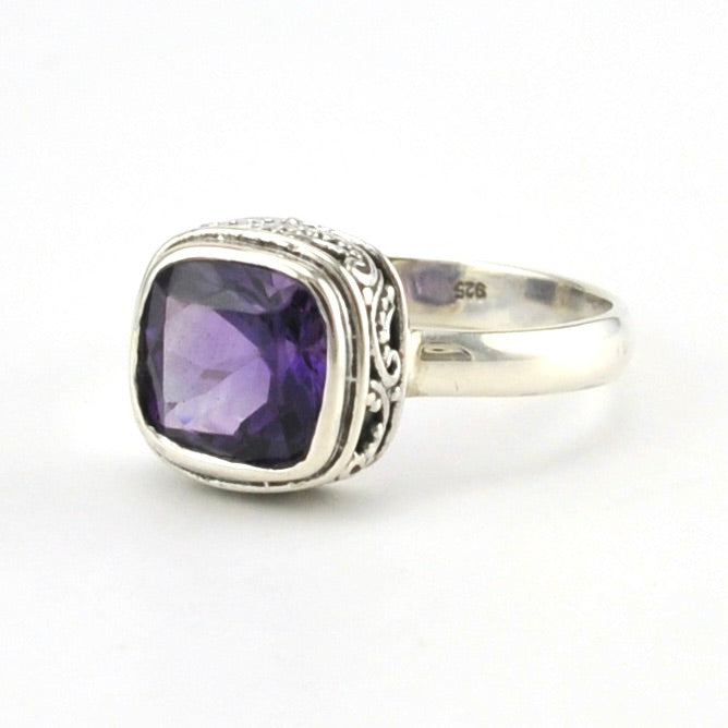 Sterling Silver Amethyst 8mm Square Bali Ring