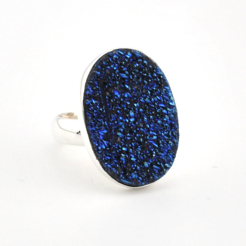 Sterling Silver Blue Druzy Agate Oval Ring