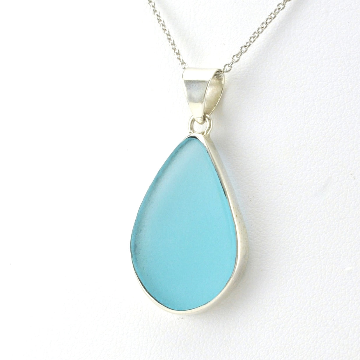 Side Veiw Sterling Silver Aqua Sea Glass Necklace