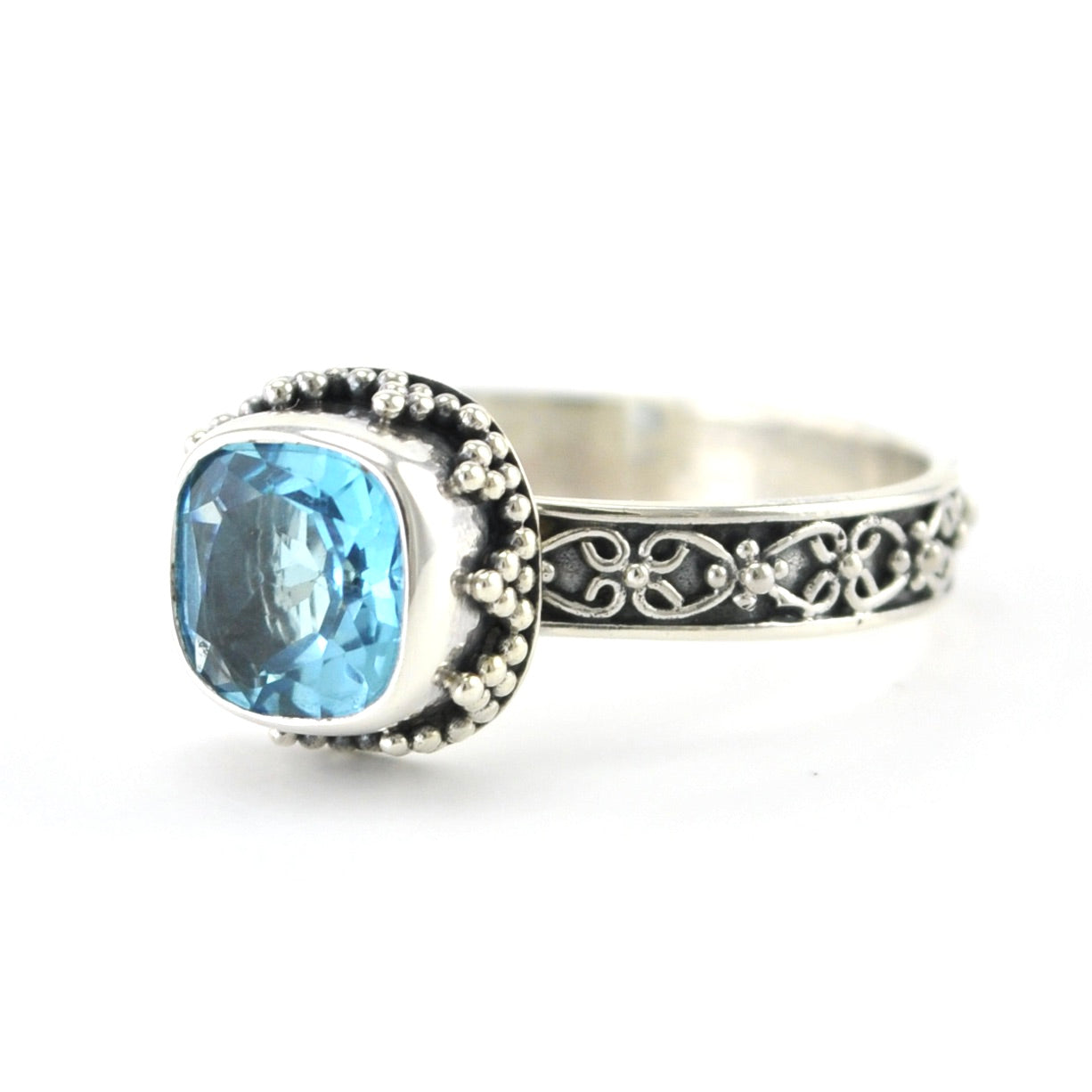 Sterling Silver Blue Topaz 7mm Square Bali Ring