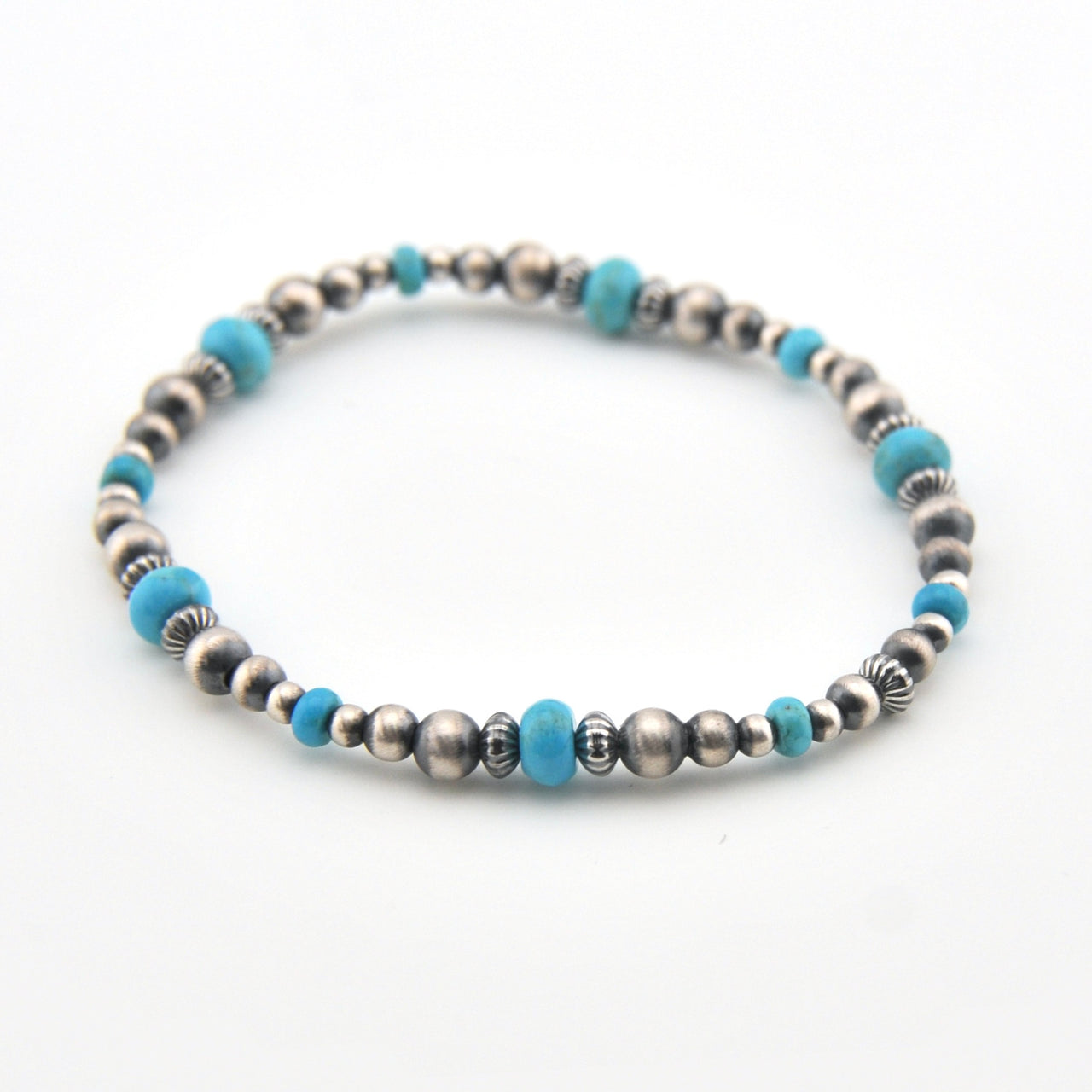 Brushed Sterling Silver Multiple Turquoise Bead Stretch Bracelet