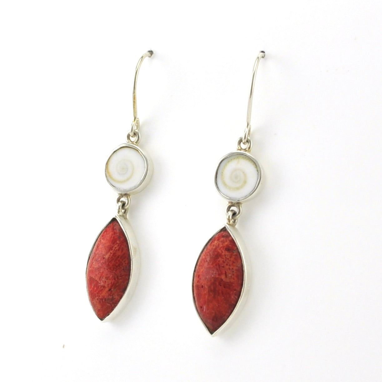 Side View Sterling Silver Shiva Shell Red Coral Marquise Earrings