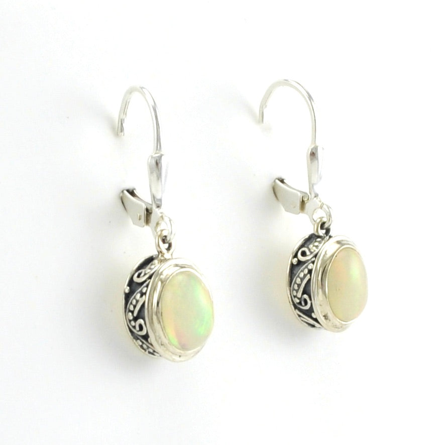 Side View Sterling Silver Ethiopian Opal 6x8mm Oval Bali Dangle Earrings