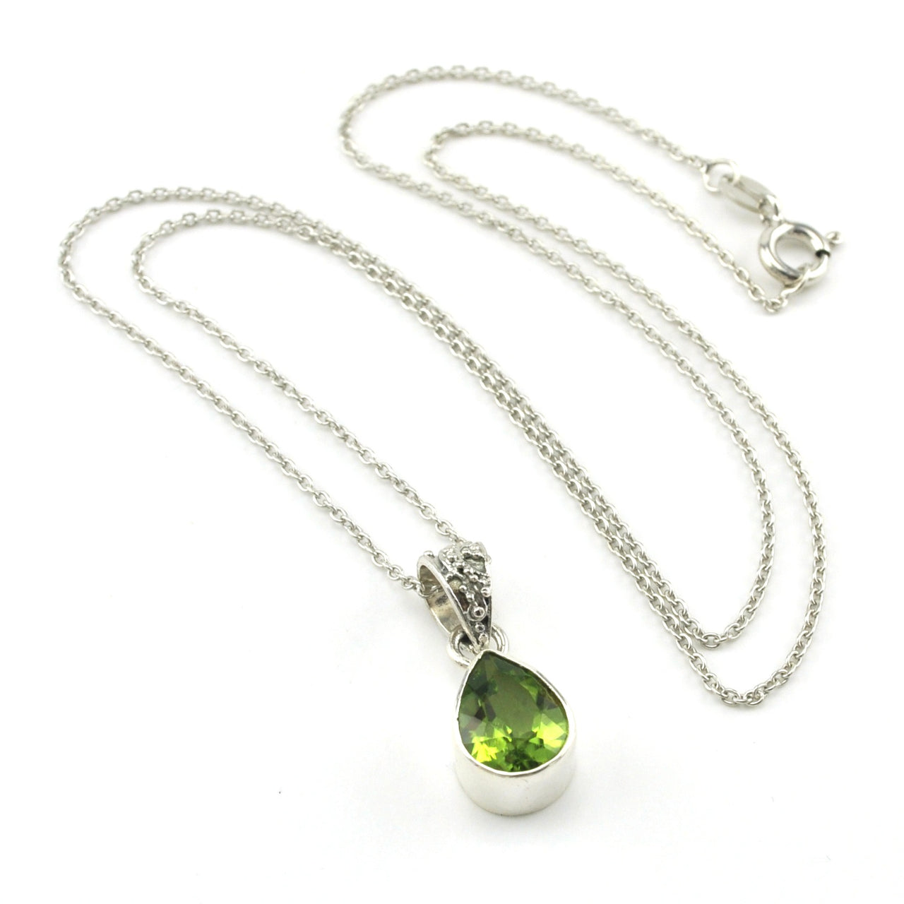 Sterling Silver Peridot 8x10mm Tear Bali Bail Necklace