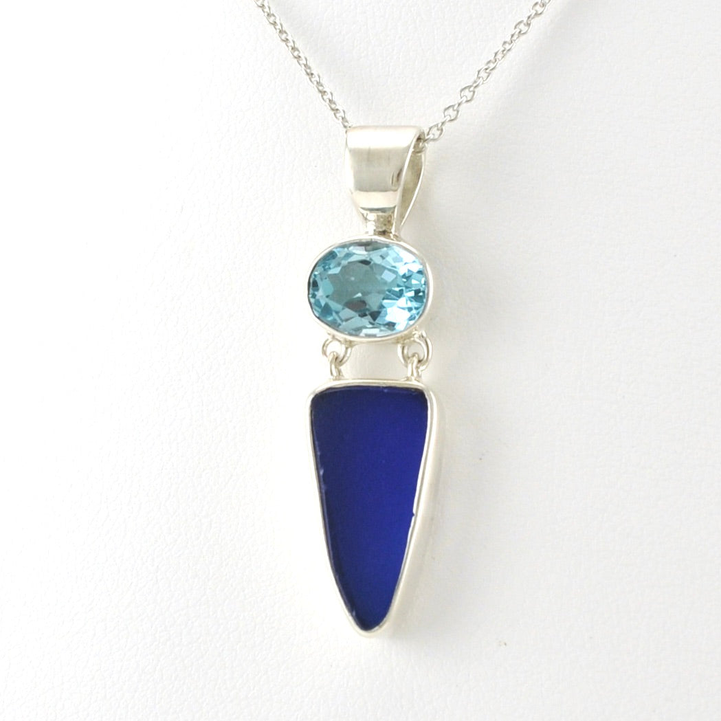 Side View Sterling Silver Blue Topaz Sea Glass Necklace