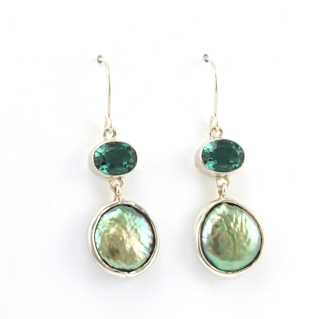 Alternate View Sterling Silver Green Quartz Coin Pearl Earrings