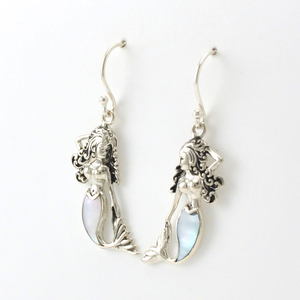 Side View Sterling Silver Mermaid with Blue Mother of Pearl Tail Earrings