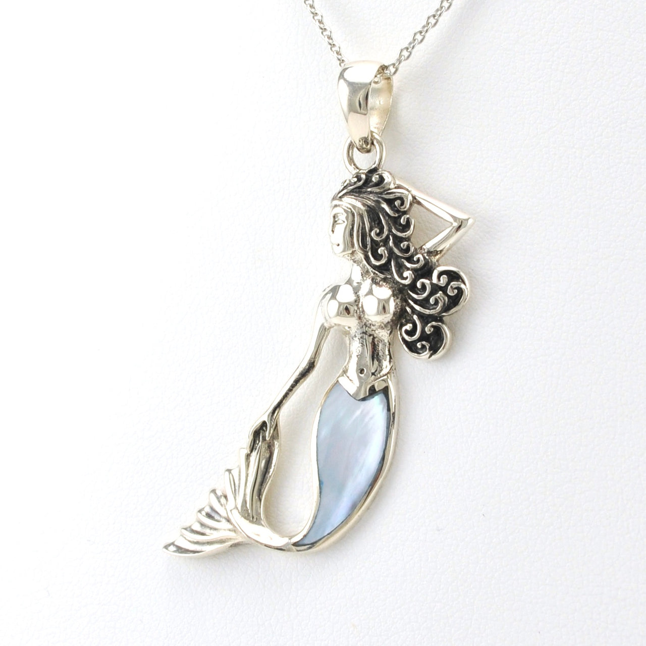Side View Sterling Silver Mermaid with Blue Mother of Pearl Tail Necklace