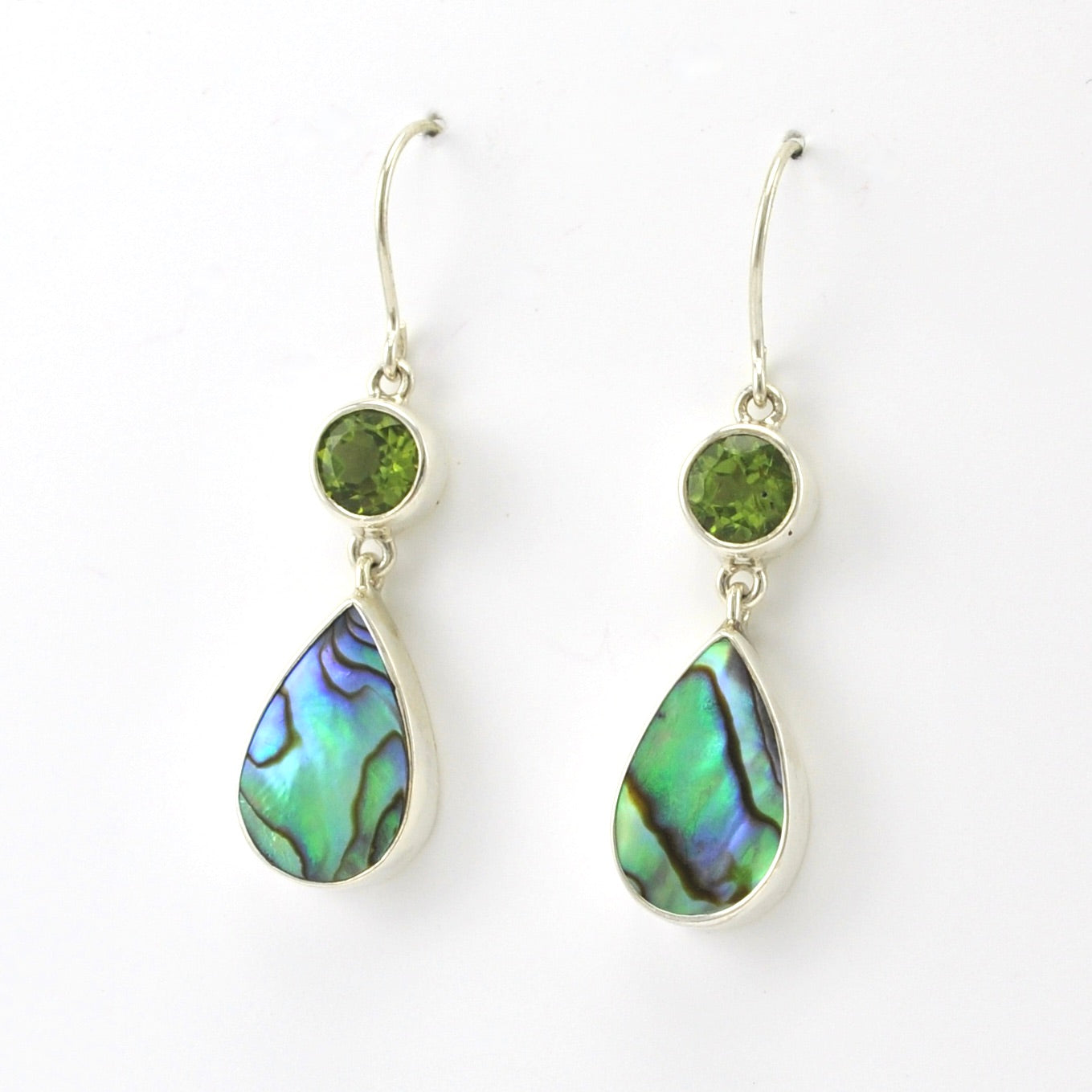 Side View Sterling Silver Peridot Abalone Dangle Earrings