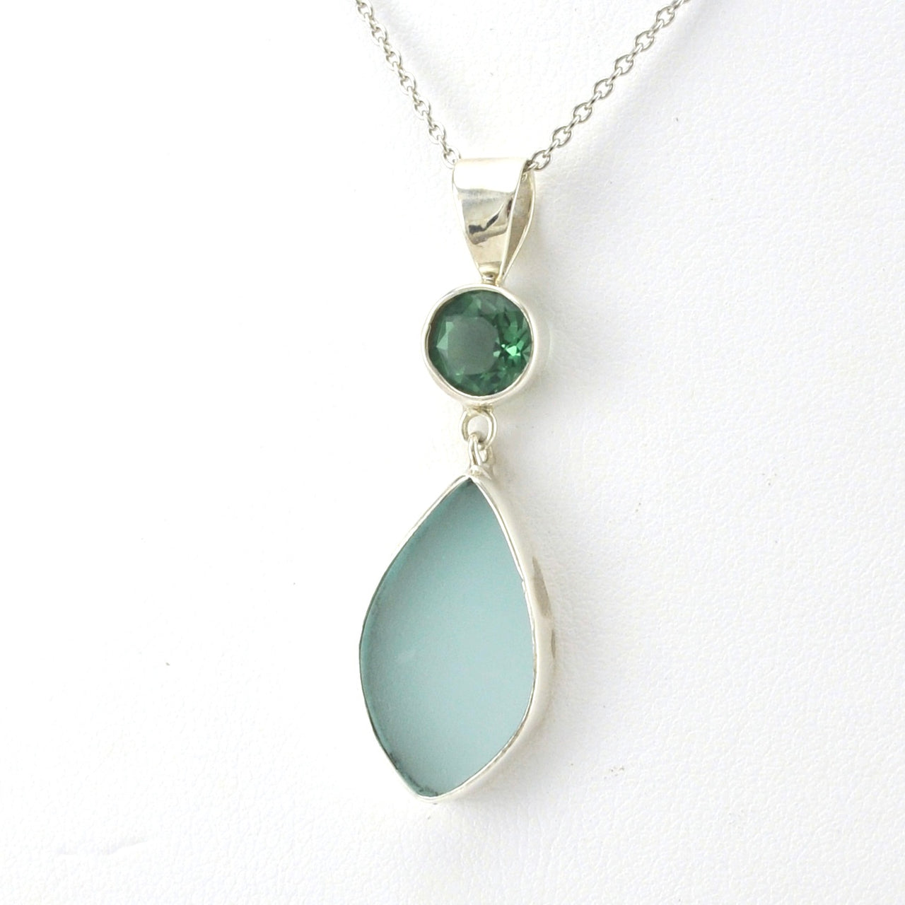 Side View Sterling Silver Green Quartz Sea Glass Necklace