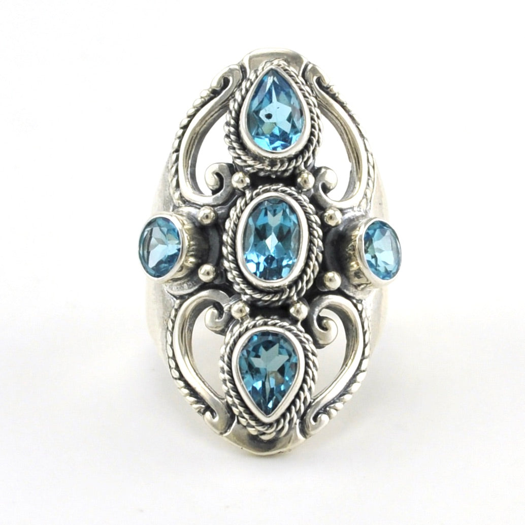 Sterling Silver Blue Topaz 5 Stone Bali Ring