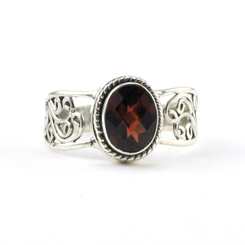 Front View Sterling Silver Garnet 6x8mm Oval Scroll Ring