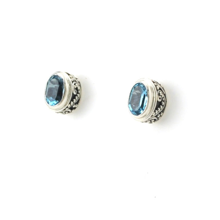 Sterling Silver Blue Topaz 4x6mm Oval Bali Post Earrings