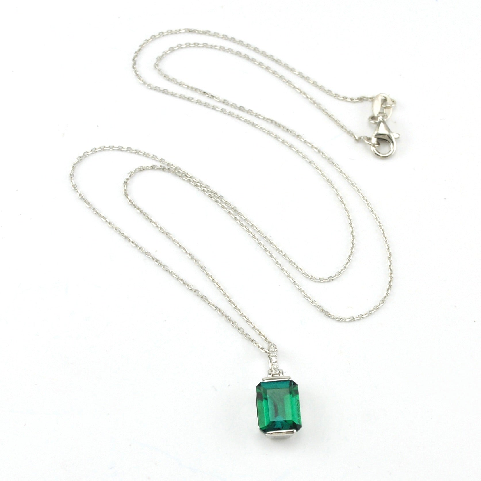 Sterling Silver Created Emerald 2ct Rectangle Diam .03 Necklace
