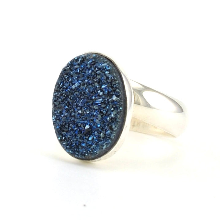 Sterling Silver Blue Druzy Agate Oval Ring