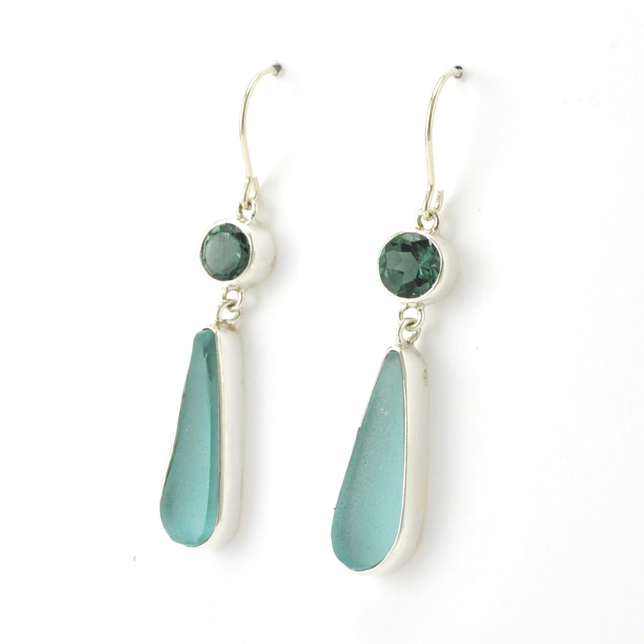 Side View Sterling Silver Green Quartz Aqua Sea Glass Earrings