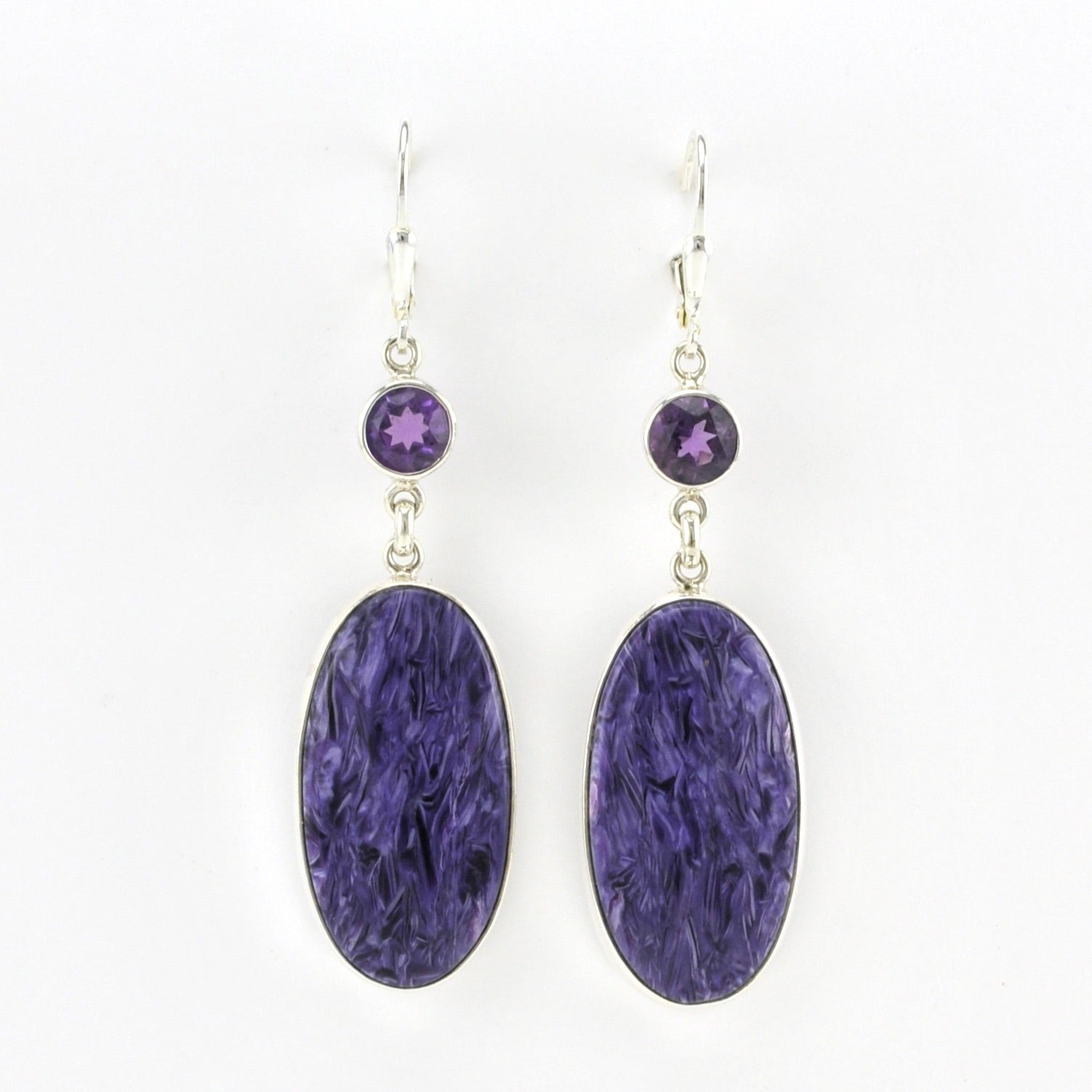 Alt View Sterling Silver Charoite with Amethyst Dangle Earrings