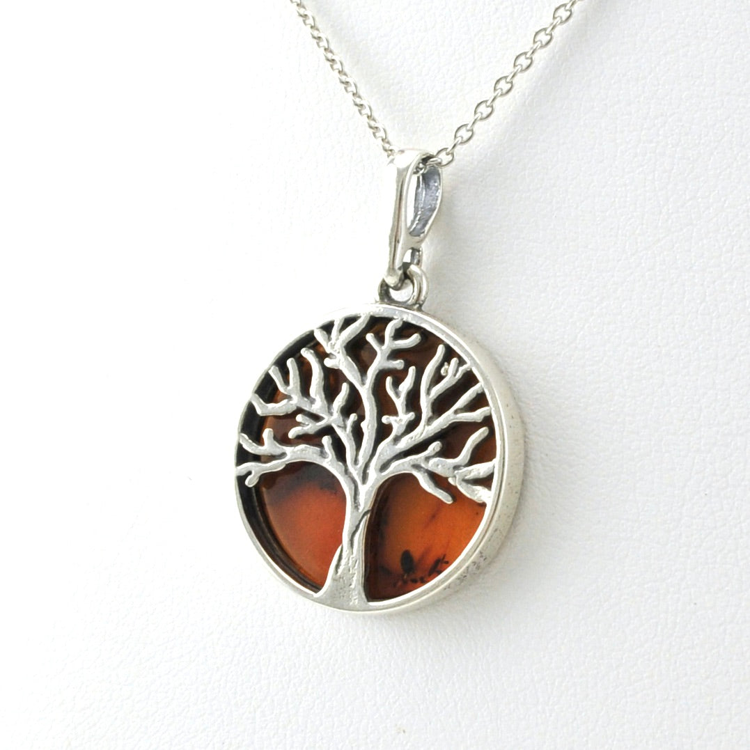 Side View Sterling Silver Amber Round Tree of Life Necklace