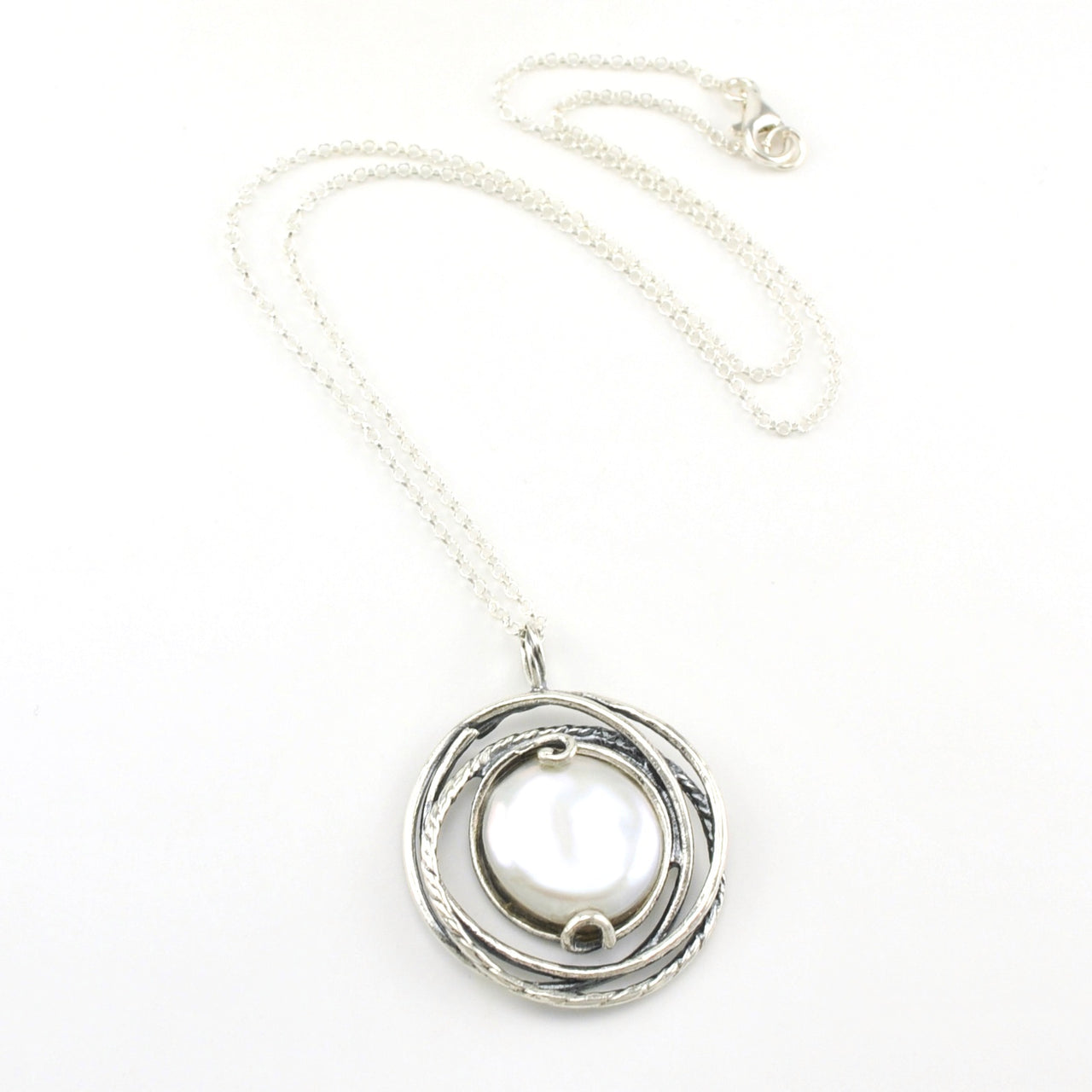 Sterling Silver Coin Pearl in Swirl Setting Necklace