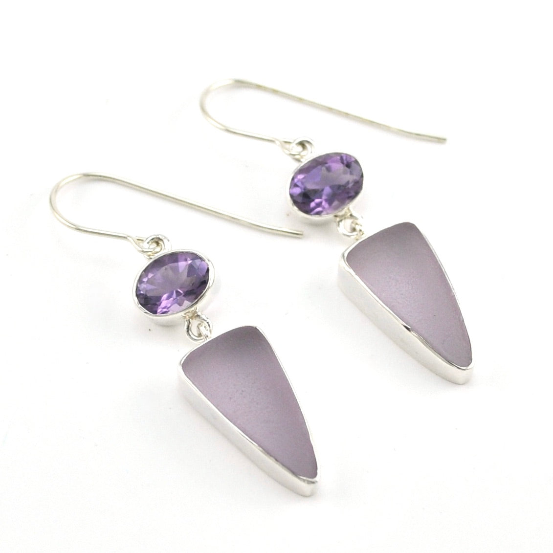 Silver Amethyst Sea Glass Dangle Earrings