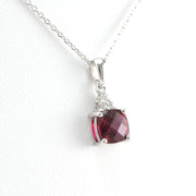 Side View Silver Created Ruby 1ct Square with Cubic Zirconia Necklace