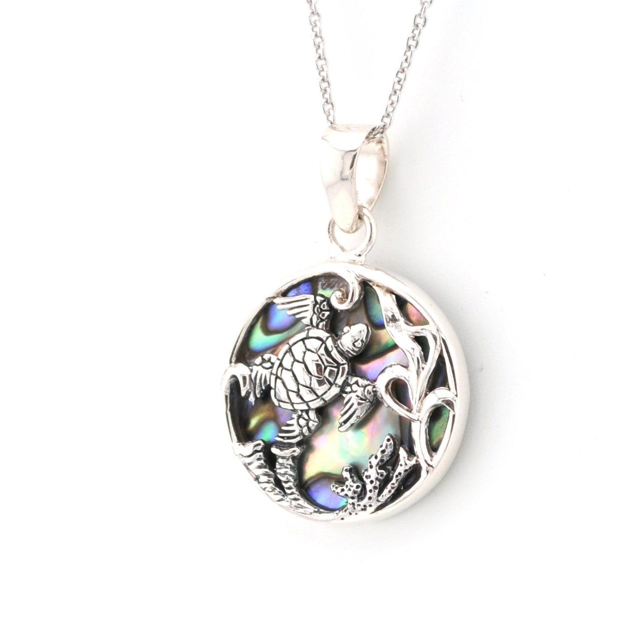 Sterling Silver Abalone Sea Turtle Scene Small Pendant